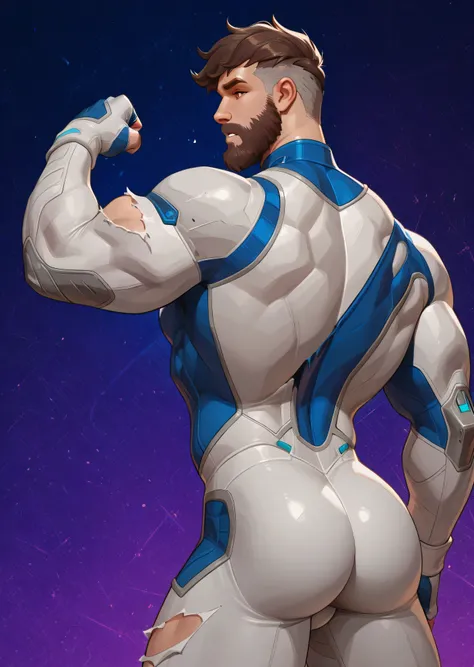  1man, male focus, mrfantastic, ripped torn bodysuit, beard, muscular, bara,, brown eyes, mature male, brown hair, undercut, pose,  indoor, cowboy shot, masterpiece, best quality, bulge, perky butt, comic abstract background