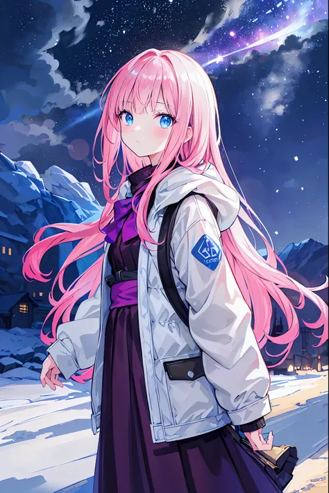 Time Traveler Girl,Breathing white ，((Time Traveler's Mark))，SPRING COAT, backpack on back,backpack is a time travel device,Misoperated,Ice Age,Frigid World,blizzard,meteor、空から降り注ぐmeteor、無数のmeteor群、Early Lady Fantasy,best quality,8K,HDR,UHD,live action sty...