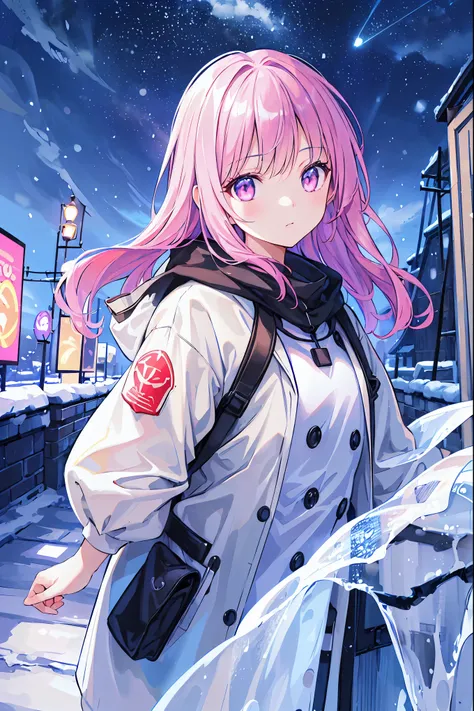 Time Traveler Girl,Breathing white ，((Time Traveler's Mark))，SPRING COAT, backpack on back,backpack is a time travel device,Misoperated,Ice Age,Frigid World,blizzard,meteor、空から降り注ぐmeteor、無数のmeteor群、Early Lady Fantasy,best quality,8K,HDR,UHD,live action sty...