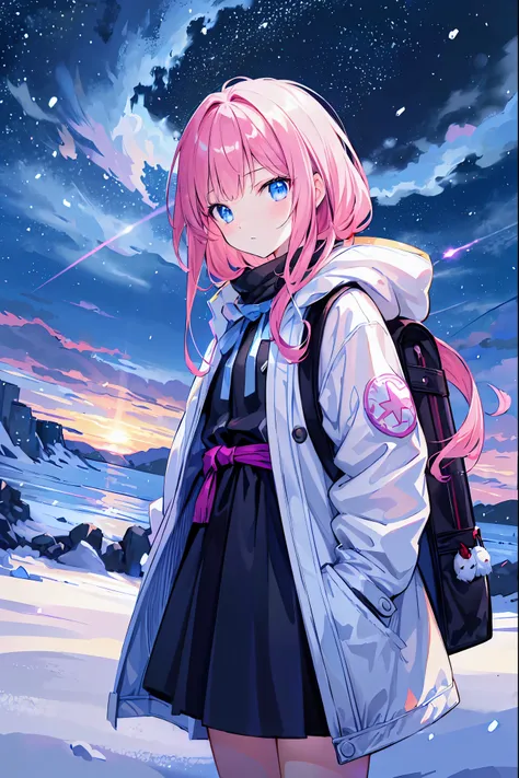 Time Traveler Girl,Breathing white ，((Time Traveler's Mark))，SPRING COAT, backpack on back,backpack is a time travel device,Misoperated,Ice Age,Frigid World,blizzard,meteor、空から降り注ぐmeteor、無数のmeteor群、Early Lady Fantasy,best quality,8K,HDR,UHD,live action sty...