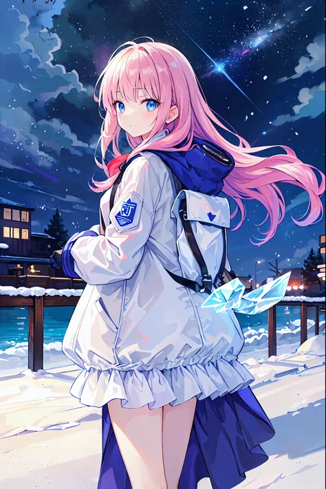 Time Traveler Girl,Breathing white ，((Time Traveler's Mark))，SPRING COAT, backpack on back,backpack is a time travel device,Misoperated,Ice Age,Frigid World,blizzard,meteor、空から降り注ぐmeteor、無数のmeteor群、Early Lady Fantasy,best quality,8K,HDR,UHD,live action sty...