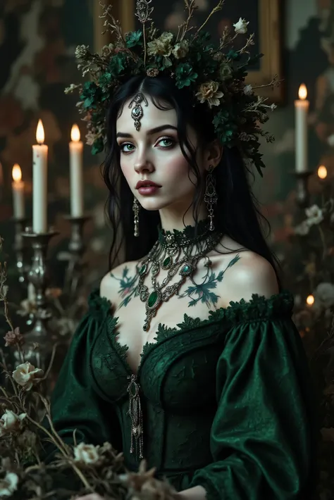 Ultra-realistic, photo-realistic, cinematic lighting and shadows, cinematic portrait, cinematic photography, realistic, hyperrealistic. A striking female figure with an intricate and skeletal face and body creates a dramatic and surreal impression. Her ski...