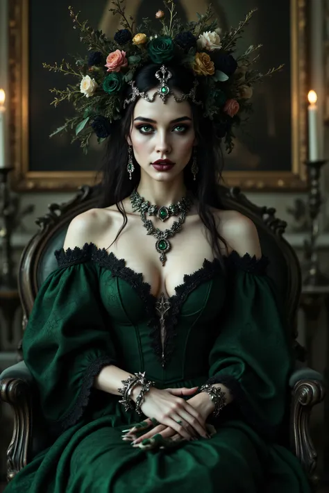 An ultra-realistic, photo-realistic, cinematic lighting and shadows, cinematic portrait, cinematic photography, realistic, hyperrealistic female figure with an intricate and skeletal face and body creates a dramatic and surreal impression. Her skin is pale...