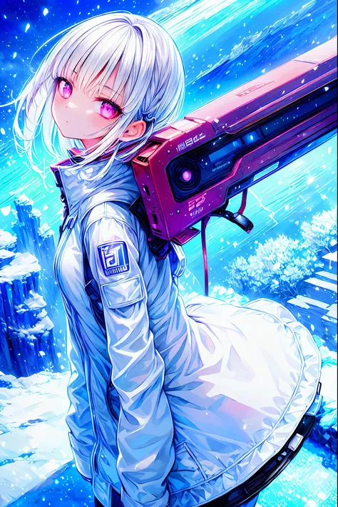 Time Traveler Girl,Breathing white ，((Time Traveler's Mark))，SPRING COAT, backpack on back,backpack is a time travel device,Misoperated,Ice Age,Frigid World,blizzard,meteor、空から降り注ぐmeteor、無数のmeteor群、Early Lady Fantasy,best quality,8K,HDR,UHD,live action sty...