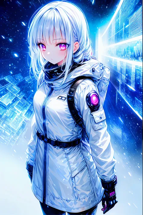 Time Traveler Girl,Breathing white ，((Time Traveler's Mark))，SPRING COAT, backpack on back,backpack is a time travel device,Misoperated,Ice Age,Frigid World,blizzard,meteor、空から降り注ぐmeteor、無数のmeteor群、Early Lady Fantasy,best quality,8K,HDR,UHD,live action sty...