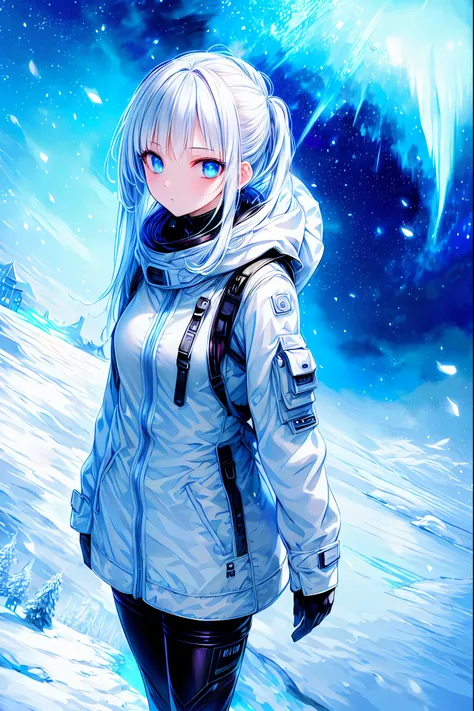Time Traveler Girl,Breathing white ，((Time Traveler's Mark))，SPRING COAT, backpack on back,backpack is a time travel device,Misoperated,Ice Age,Frigid World,blizzard,meteor、空から降り注ぐmeteor、無数のmeteor群、Early Lady Fantasy,best quality,8K,HDR,UHD,live action sty...