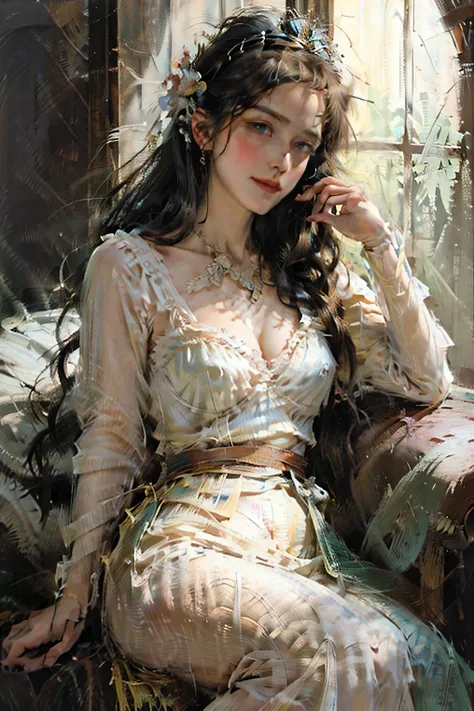 (Lora;#((dyeing)) ((oil painting)) ((impasto)))A very beautiful realistic oil painting of, a striking female figure with an intricate and skeletal face and body creates a dramatic and surreal impression. Her skin is pale, almost ghostly, stretching over he...