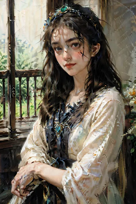 (Lora;#((dyeing)) ((oil painting)) ((impasto)))A very beautiful realistic oil painting of, a striking female figure with an intricate and skeletal face and body creates a dramatic and surreal impression. Her skin is pale, almost ghostly, stretching over he...