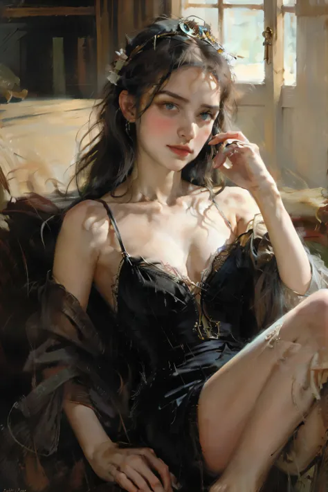 (Lora:#An oil painting)A realistic oil painting inspired by Goya's black paintings, a striking female figure with an intricate and skeletal face and body creates a dramatic and surreal impression. Her skin is pale, almost ghostly, stretching over her boney...