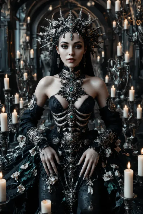 An ultra-realistic, photo-realistic, documentary style raw photography, cinematic lighting and shadows, cinematic portrait, cinematic photography, realistic, hyperrealistic female figure with an intricate and skeletal face and body creates a dramatic and s...