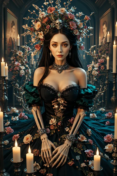 An ultra-realistic, photo-realistic, cinematic lighting and shadows, cinematic portrait, cinematic photography, realistic, hyperrealistic female figure with an intricate and skeletal face and body creates a dramatic and surreal impression. Her skin is pale...