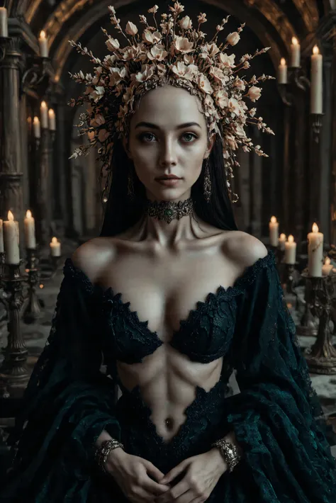 Ultra-realistic, photo-realistic, cinematic lighting and shadows, cinematic portrait, cinematic photography, realistic, hyperrealistic. A striking female figure with an intricate and skeletal face and body creates a dramatic and surreal impression. Her ski...