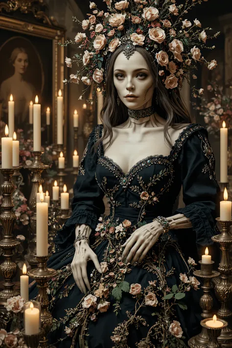 An ultra-realistic, photo-realistic, documentary style raw photography, icon style, iconic characters, 8k, cinematic lighting and shadows, cinematic portrait, cinematic photography, realistic, a hyper-realistic female gothic with an intricate and skeletal ...