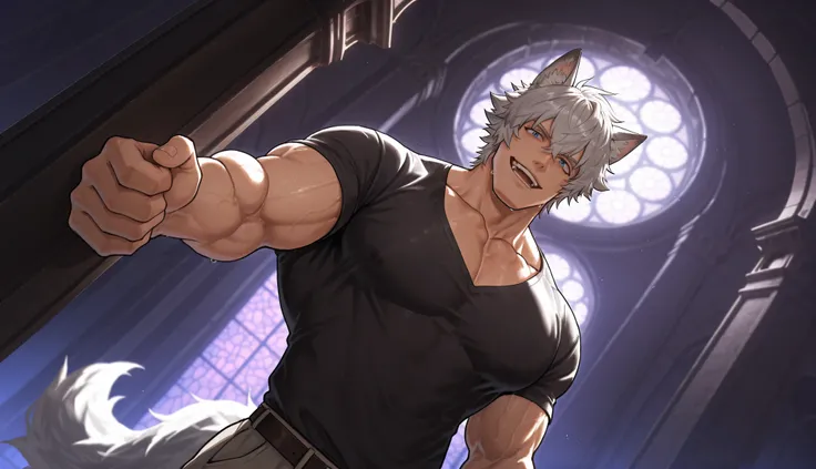 1 , alone)), wolf ears and tail, wearing a jacket, with a black shirt, in a misterios place,traces of abandonment, night, darkness, purple lights passing, view from a good angle, high resolution, masterpiece, ((short hair )) perspective correction,(( sexy...