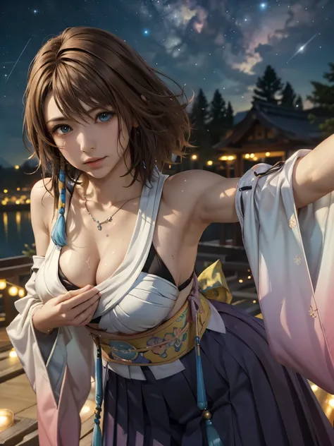 Armpit,sweat,(super real,32K, masterpiece:1.2),(detailed skin:1.1),( High Quality:1.1), soft touch,Delicate Body Curves,Realistic Human Body,staring at viewers,Yuna,

, (iris heterochromia:0.8), detachable sleeve, Kimono, band, hearts, hakama skirt,  , (bi...