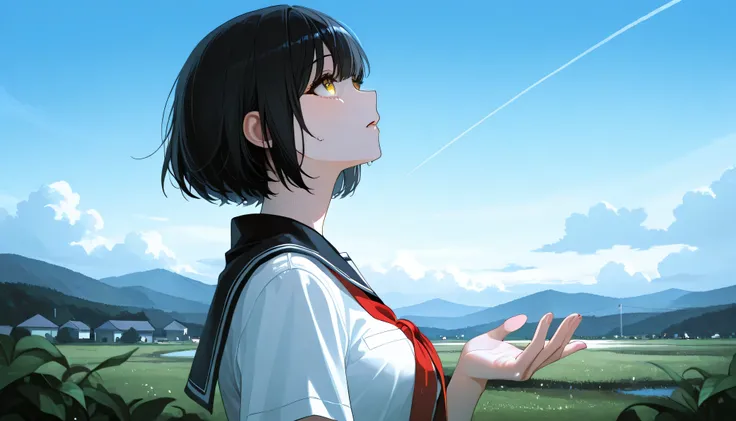 a landscape after the rain, outdoor, outside,look up at a clear sky,create a bright image that makes you feel a new beginning, black short hair, yellow eyes, summer unifrom, korean highschool uniform, One hand stretched out to the sky