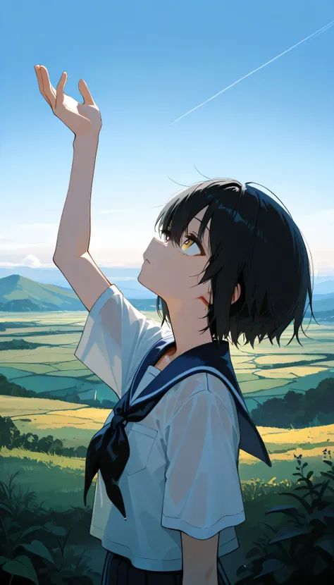 a landscape after the rain, outdoor, outside,look up at a clear sky,create a bright image that makes you feel a new beginning, black short hair, yellow eyes, summer, korean highschool uniform, One hand stretched out to the sky