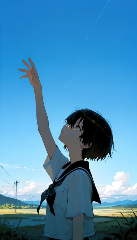 a landscape after the rain, outdoor, outside,look up at a clear sky,create a bright image that makes you feel a new beginning, black short hair, yellow eyes, summer, korean highschool uniform, One hand stretched out to the sky