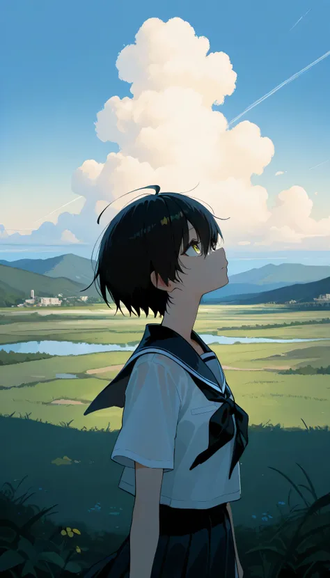 a landscape after the rain, outdoor, outside,look up at a clear sky,create a bright image that makes you feel a new beginning, black short hair, yellow eyes, summer, korean highschool uniform, One hand stretched out to the sky