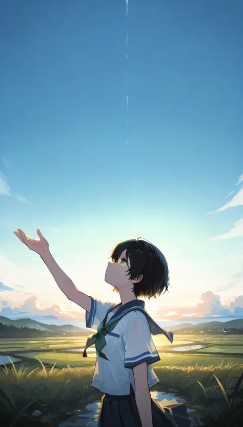 a landscape after the rain, outdoor, outside,look up at a clear sky,create a bright image that makes you feel a new beginning, black short hair, yellow eyes, summer, korean highschool uniform, One hand stretched out to the sky
