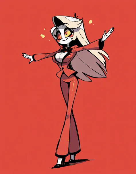 masterpiece, ultra-HD, impressionism, high detail, best quality, very aesthetic, 8k, best quality, beautiful, tmchng , Charlie Morningstar (hazbin hotel) solo , skinny boy , Red Suit , long pants , tight clothes , flared pants , pure skin , red eyes, black...