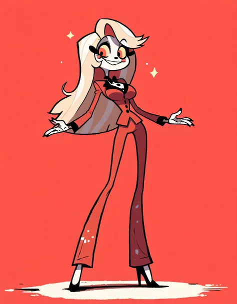 masterpiece, ultra-HD, impressionism, high detail, best quality, very aesthetic, 8k, best quality, beautiful, tmchng , Charlie Morningstar (hazbin hotel) solo , skinny boy , Red Suit , long pants , tight clothes , flared pants , pure skin , red eyes, black...