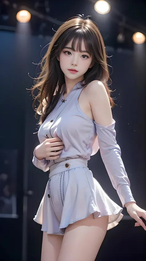 1 girl, 19 years old, ((city in Vietnam)), dark brown hair, purple eyes, hair ornament, ((cowboy photo)), ((Elegant woman dancing slowly on stage, body slightly bent forward, one hand reaching out into the distance as if touching memories, other hand cares...