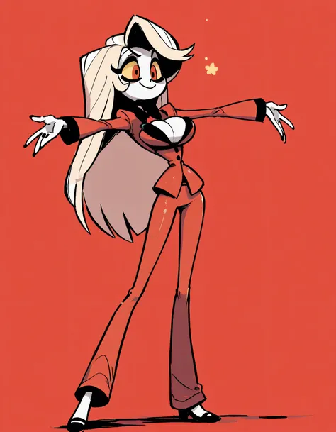 masterpiece, ultra-HD, impressionism, high detail, best quality, very aesthetic, 8k, best quality, beautiful, tmchng , Charlie Morningstar (hazbin hotel) solo , skinny boy , Red Suit , long pants , tight clothes , flared pants , pure skin , red eyes, black...