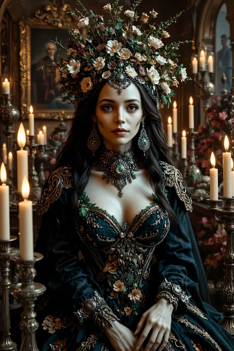 An ultra-realistic, photo-realistic, documentary style raw photography, icon style, iconic characters, 8k, cinematic lighting and shadows, cinematic portrait, cinematic photography, realistic, a hyper-realistic female gothic with an intricate and skeletal ...