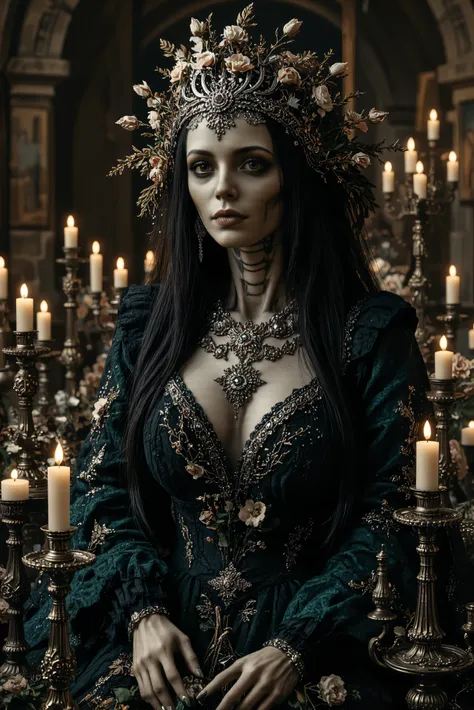 An ultra-realistic, photo-realistic, documentary style raw photography, icon style, iconic characters, 8k, cinematic lighting and shadows, cinematic portrait, cinematic photography, realistic, a hyper-realistic female gothic with an intricate and skeletal ...