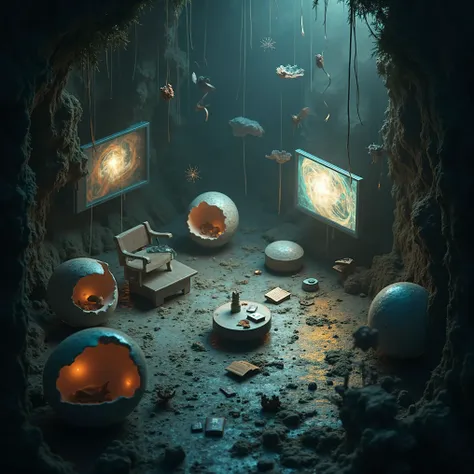 Enormous broken eggshells lay in a muddy hollowed out pit, each glowing with a soft amber light from within. One large egg shell has a sizeable opening, serving as a cozy seating area adorned with a small cushion. Next to it are a human's furniture, a tabl...