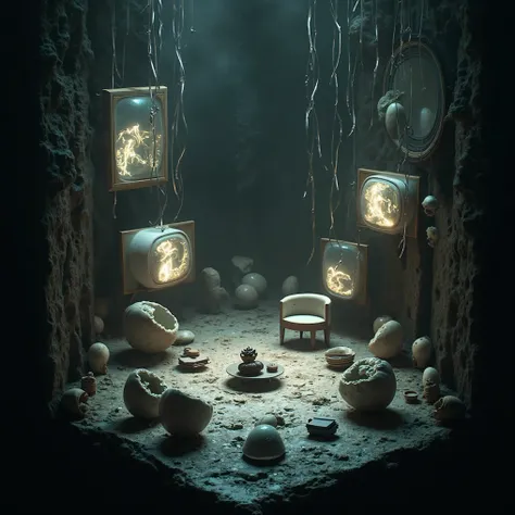 A small, modern armchair, surrounded by several cracked and whole eggshells oversized compared to the chair, sitting alone in an underground dirt pit, 4k, high quality, hyper detailed, realistic, physically-based rendering, cinematic lighting, moody atmosp...