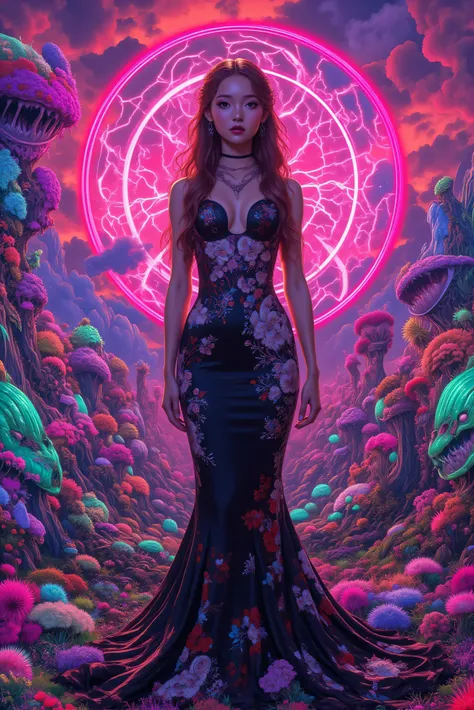 An ultra-attractive ultra-realistic young alien woman with very long wavy brown hair wearing a black silk mermaid-style dress with a sweeping train and white and red embroidered floral pattern surrounded by a circle of hot pink ultra- brightness that swirl...