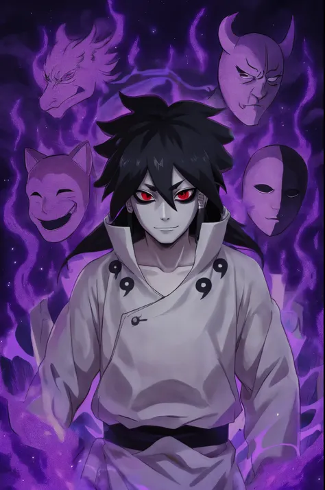 Indra, black hair, red eyes, sinister smile.
