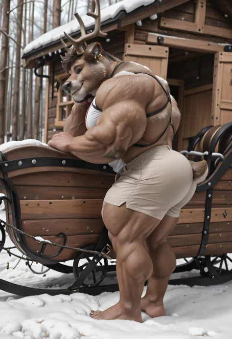score _9, score _8_Up, score _7_Up, masterpiece, best quality, amazing quality, high quality, RAW photo, (Photorealistic Style), full body, (Perfectly Correct Anatomy). (furry), 1boy, (Huge Adult Male muscular bara Cervine Reindeer Doplh from Fortnite), (B...