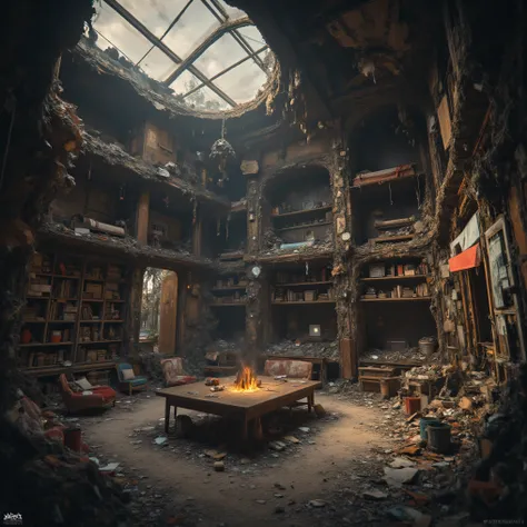 a landfill in a post apocalyptic world, tunnels through the trash, miles of tunnels, rooms carved out of garbage,beds and couches set in rooms, little tables, chairs, books on shelves, fire pits, bbq pits and grills, buckets of water. Structures built. ult...