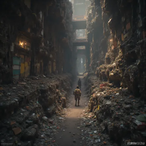 a landfill in a post apocalyptic world, tunnels through the trash, miles of tunnels, rooms carved out of garbage, ultra-realistic, stunning, 8k octane, detailed environment, dilapidated infrastructure, crumbling ruins, scrap metal structures, decaying buil...