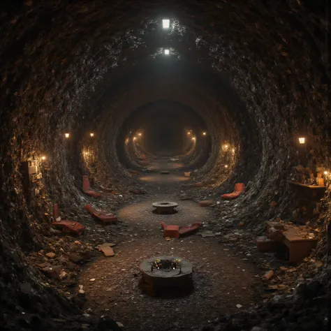 a landfill in a post apocalyptic world, tunnels through the trash, miles of tunnels, rooms carved out of garbage,beds and couches set in rooms, little tables, tents, fire pits
detailed post-apocalyptic landfill scene, vast network of garbage tunnels, clutt...