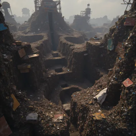 a landfill in a post apocalyptic world, tunnels through the trash, miles of tunnels, rooms carved out of garbage, ultra-realistic, stunning, 8k octane, detailed environment, dilapidated infrastructure, crumbling ruins, scrap metal structures, decaying buil...