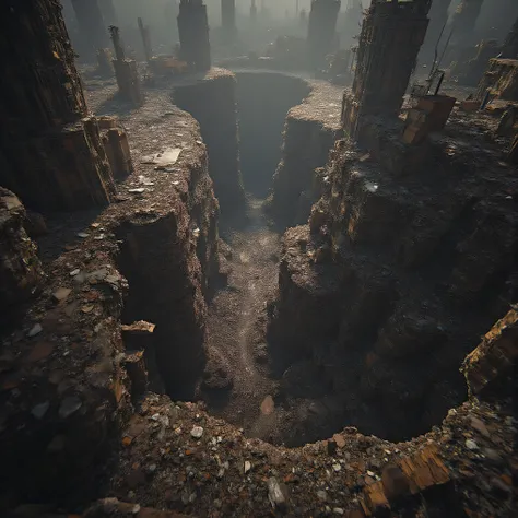 a landfill in a post apocalyptic world, tunnels through the trash, miles of tunnels, rooms carved out of garbage, ultra-realistic, stunning, 8k octane, detailed environment, dilapidated infrastructure, crumbling ruins, scrap metal structures, decaying buil...