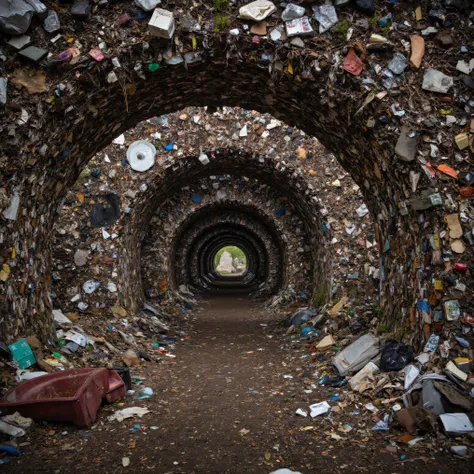 In a post-apocalyptic future an old landfill with miles of deep ant farm-like tunnels made through trash with rooms to live in carved out of and made up of garbage, and whatever could br found at the dump. Ultra-realistic, photo-realistic, raw photo, 8k, U...