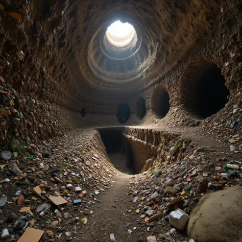 In a post-apocalyptic future an old landfill with miles of deep ant farm-like tunnels made through trash with rooms to live in carved out of and made up of garbage, and whatever could br found at the dump. Ultra-realistic, photo-realistic, raw photo, 8k, U...