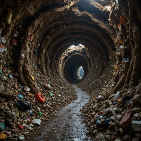 In a post-apocalyptic future an old landfill with miles of deep ant farm-like tunnels made through trash with rooms to live in carved out of and made up of garbage, and whatever could br found at the dump. Ultra-realistic, photo-realistic, raw photo, 8k, U...