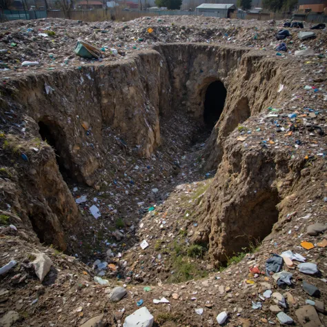 In a post-apocalyptic future an old landfill with miles of deep ant farm-like tunnels made through trash with rooms to live in carved out of and made up of garbage, and whatever could br found at the dump. Ultra-realistic, photo-realistic, raw photo, 8k, U...