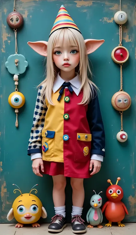 An enigmatic character stands prominently against a textured, teal background. The figure, with its exaggerated features, boasts wide, yellow-mottled eyes and a long, red nose. Its face is a mélange of deep blues and yellows, accented with rosy cheeks and ...