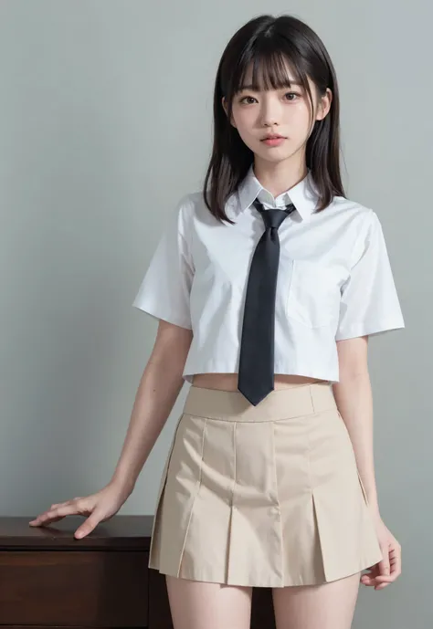 soft lights,(japanese)), (((front in the sky, Age 15))), (Deep Synthesis ), super high resolution on a pile, (authentic: 1.4), Original photo, ((School Uniform, collared shirt, white shirt, Short sleeve, necktie, shortスカート)), smiley face n ,small breasts,...