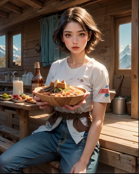 410 (18 year old woman,mountaineering clothes)),(46 year old man,mountaineering clothes),(short hair),(shortcuts with armbands),(Neat hair),(super high image quality with rice bowl),((Mountain hut)), ((Dessert)), (in a log cabin.)