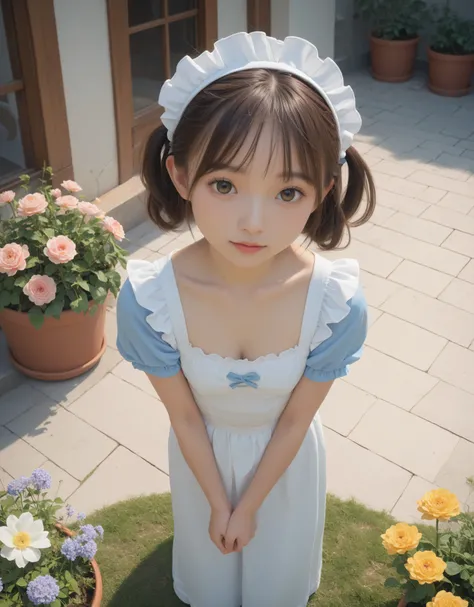 1 Girl、maids,Look at the audience,(skinny:1.58),(younger:1.49),from above,lean forward,(big boobs:0.78),is watering flowers outside the mansion,japanese,(smile Yang:0.11),My left hand is touching my crotch