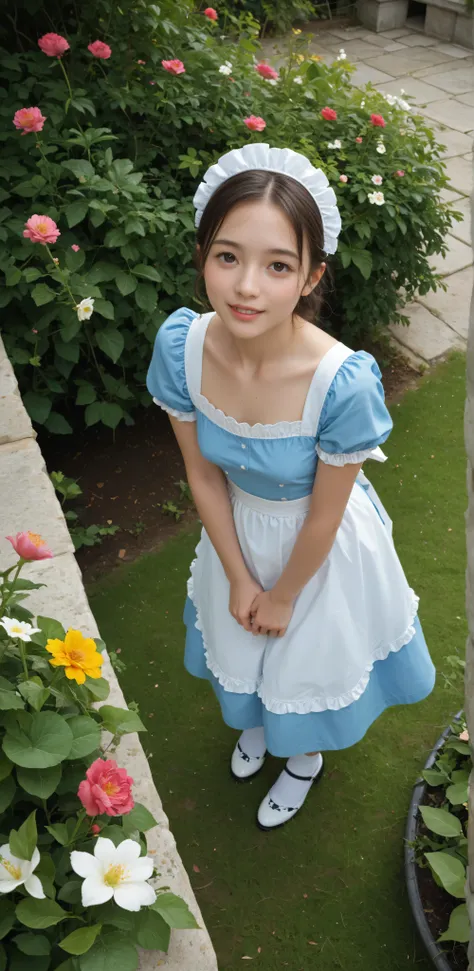 1 Girl、maids,Look at the audience,(skinny:0.64),(younger:0.60),from above,lean forward,(big boobs:-0.38),is watering flowers outside the mansion,japanese,(smile Yang:0.24),My left hand is touching my crotch