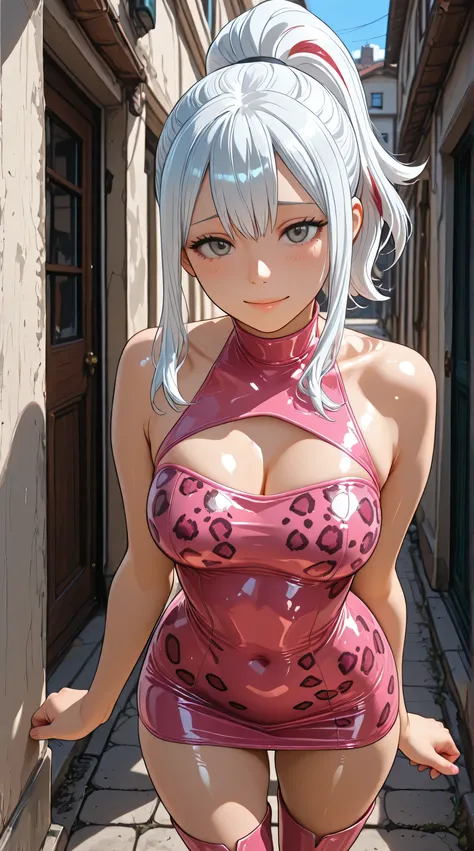 anime style. masterpiece. Higher quality. higher resolution. Photo RAW. Perfect Anatomy. ultra detailed. a beautiful girl. A petite babe. Fuyumi Todoroki. piel clara. white hair with red highlights. side locks. high ponytail. beautiful gray eyes. Thin lip...